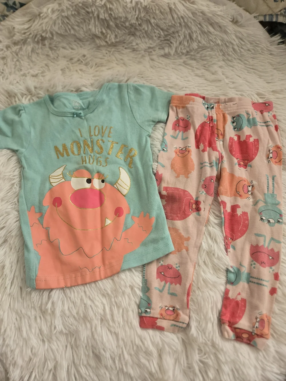 Carter's Mint Top & Coral Monster Print Pajama Set